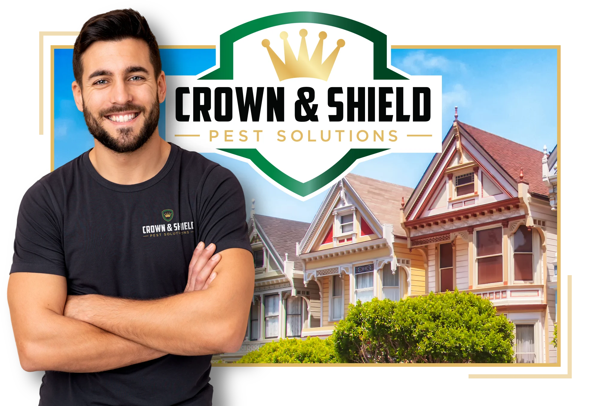 Crown and Shield Pest Control Technician standing in front of homes