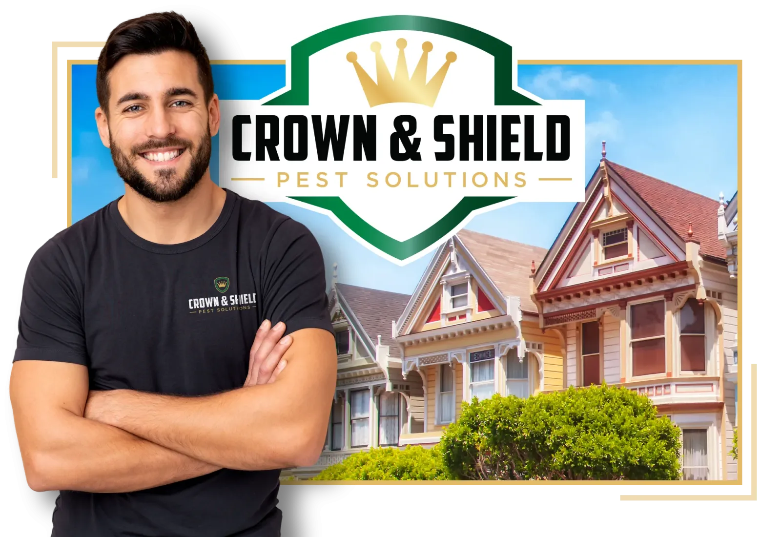 Crown and Shield Pest Control Technician standing in front of homes